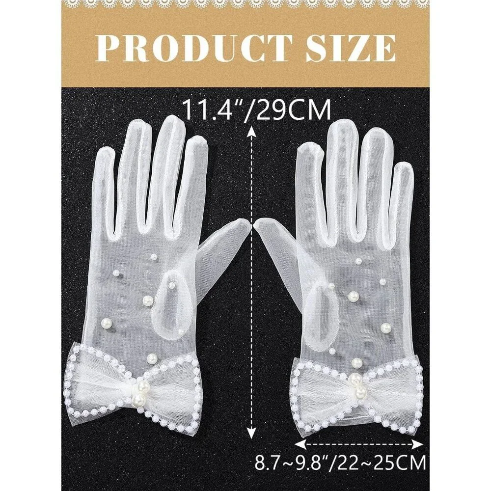 Women's White Pearl Bow Gloves Sheer Tea Party Tulle Mesh Bridal Party Prom